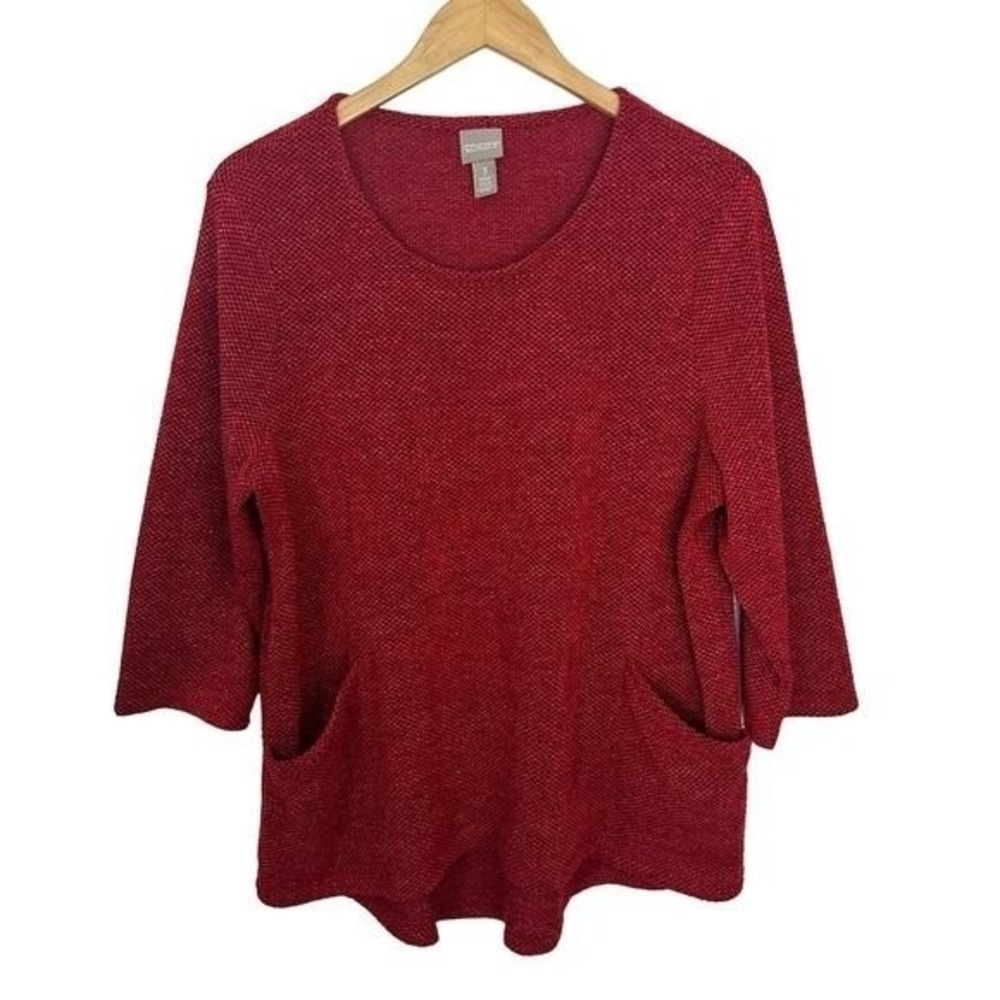 Chicos 3 Tunic Sweater Women's XL Red Black Pockets Pullover Lagenlook Relaxed